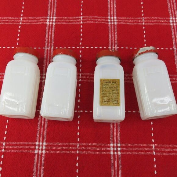 Griffiths Milk Glass Spice Jars Set of 10 Red Lids Some Labels - Picture 3 of 10